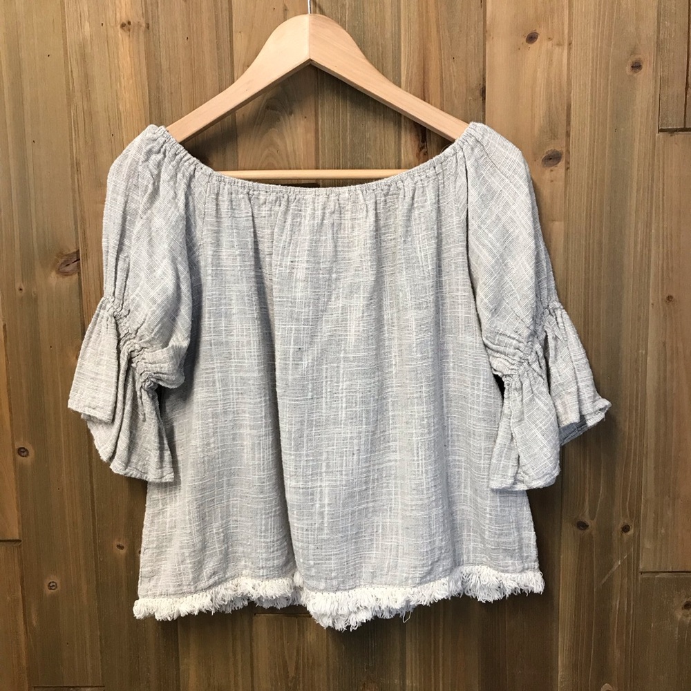 ee:some Womens Sz Large Light Taupe Off-Shoulder Blouse with Tassel Tie / Fringe - Picture 3 of 10